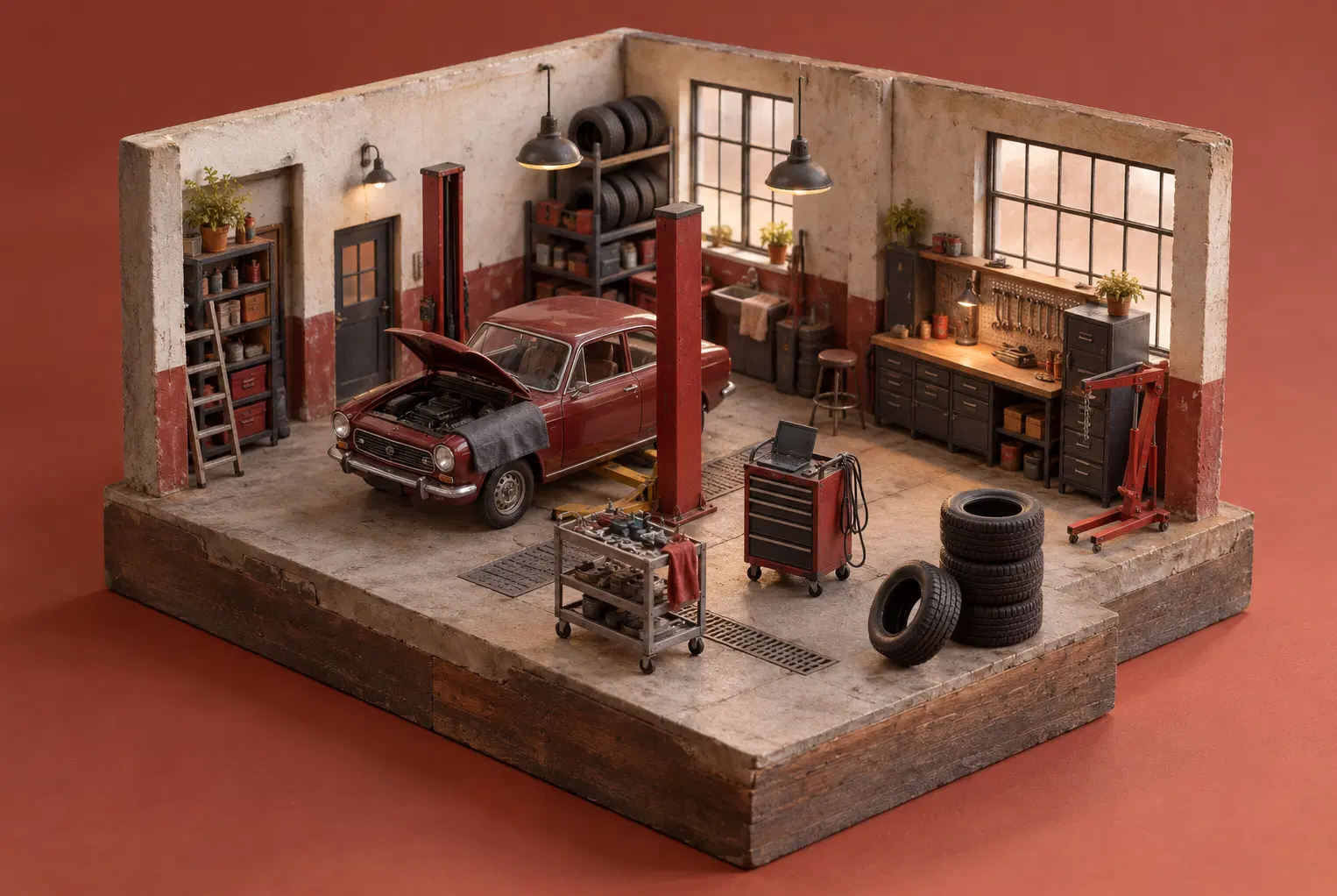 Illustration of auto repair shops and their working space